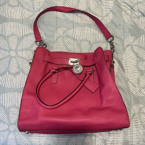 Michael Kors Hamilton Satchel Bag Fuschia Pink Purse - Picture 1 of 14